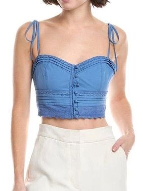 Agua Bendita Sz L Cropped Tank Top Ariel Tile Tie-Shoulder Bustier Blue Lace
